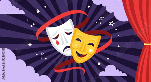 World Theatre Day World Theatre Day Symbolic representation of theatre masks, showcasing the duality of comedy and tragedy against a backdrop of starry clouds and stage curtains