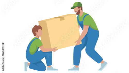 Two workers in green shirts and blue overalls lifting a large cardboard box together in a collaborative effort