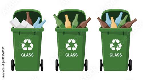 Three green recycling bins filled with various glass materials in a row, cartoon style illustration