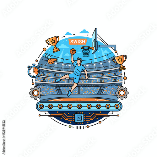 Illustration of a basketball player dunking in a futuristic stadium with Swish logo.
