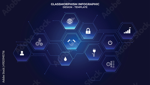 Futuristic infographic with 10 hexagonal buttons mimicking a honeycomb. Biotechnology, environmental care, green and renewable energy. Tech icons such as security and environment. Blue color.