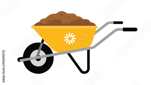 A simple illustration of a wheelbarrow filled with soil from a garden viewed from the side