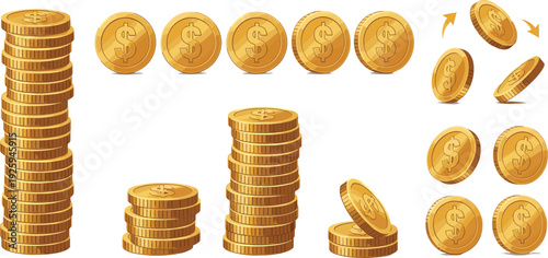 Shiny Gold Dollar Coin Vector Set with Stacks, Individual Coins, and Rotating Animation Frames for Financial Apps, Gaming Currency, and Banking Promotions