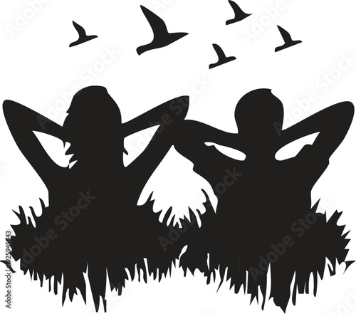 SEO Title: Romantic Couple Sitting in Grass Silhouette: Nature Peace Vector