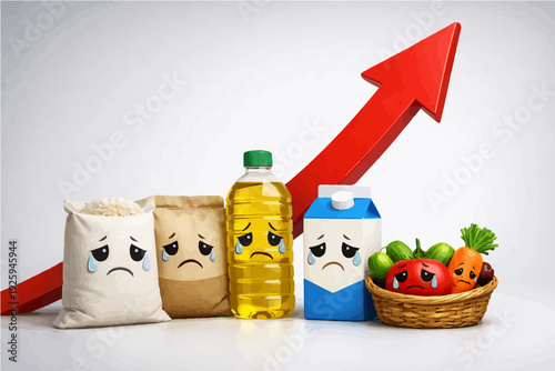 Conceptual inflation crisis illustration showing rising red arrow with sad grocery products symbolizing food price increase and economic pressure.