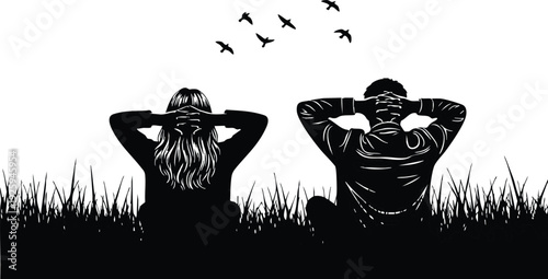 Couple Relaxing in Grass Silhouette: Romantic Meadow and Birds Vector