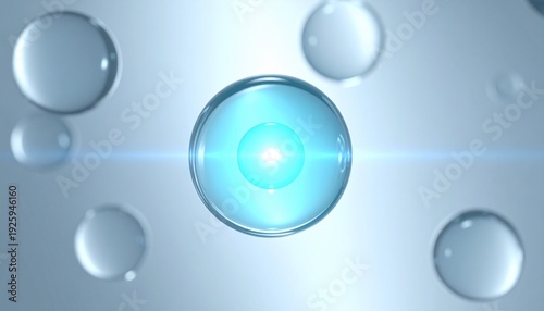 透明なマイクロカプセル中心で発光するブルーコア構造を描いたマクロサイエンスビジュアル エネルギーを帯びた分子ネットワークがうるおい保持と肌バリアを象徴する未来的スキンケアテクノロジーイメージ ミニマルで高精細な3Dレンダリング背景素材
