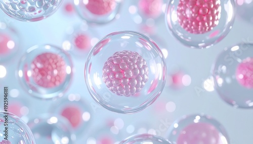透明なマイクロカプセル内部に集積する美容コンプレックス構造を描いたマクロサイエンスビジュアル 分子レベルの多層ネットワークがうるおい保持と肌バリアを象徴する未来的スキンケア研究イメージ 高精細3Dレンダリング背景素材