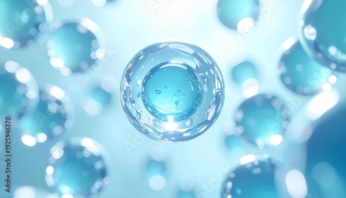 透明感あふれる保湿成分カプセルの3Dマクロビジュアル セラミドとヒアルロン酸の浸透イメージ ジェネレーティブAI