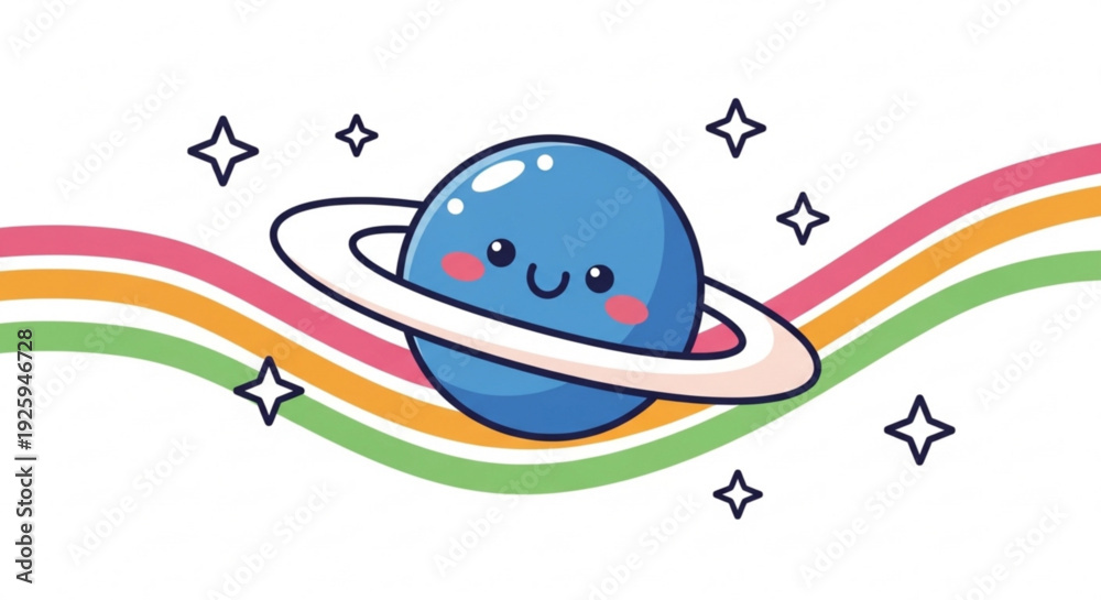 Fototapeta premium Smiling cartoon planet with ring and rainbow colors in space