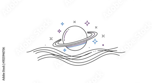 Saturn planet with rings and stars floating on wavy lines celestial body in space with sparkling purple and blue diamonds astronomy symbol