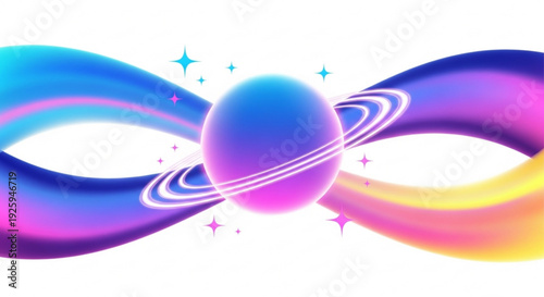 Vibrant purple planet with white rings surrounded by colorful infinity loop and stars in space