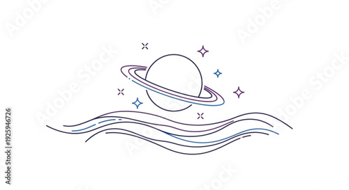 Saturn planet with rings and stars floating on wavy lines in space