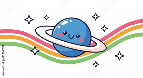 Smiling cartoon planet with ring and rainbow colors in space