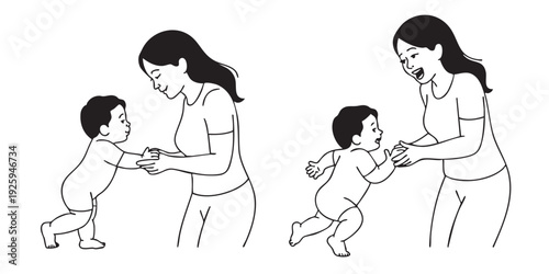Mother helping baby take first steps line art illustration set of toddler learning to walk - Mother's Day