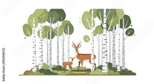Deer and fawn in forest with birch trees and green foliage serene woodland scene with wildlife