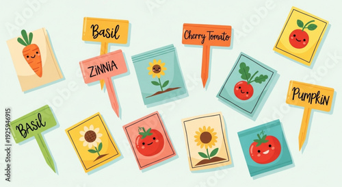 Colorful garden plant labels with vegetables and flowers for gardening and planting