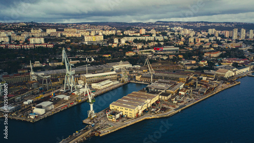 Aerial View of Rijeka Seaport with Adriatic Sea and Cityscape, Croatia