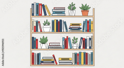 Colorful bookshelves with books and potted plants on a clean white background organized library reading and study concept