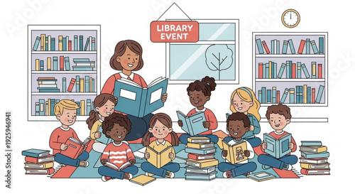 Diverse group of children and teacher reading books in a library with a library event sign