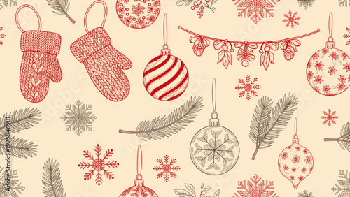 Christmas Seamless Pattern with Hand Drawn Festive Winter Decorations Including Mittens Ornaments and Snowflakes