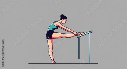 Woman stretching leg on ballet barre in dance studio with gray background performing elegant movement