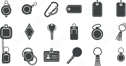 Keychain and tag silhouettes vector illustration set, keys rings labels badges and accessories icons, black minimalist everyday carry collection for branding, UI, product design