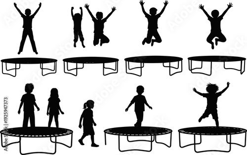 Kids jumping on trampoline silhouette set vector illustration showing active children play, outdoor fun, healthy lifestyle, childhood energy and backyard recreation isolated on white background