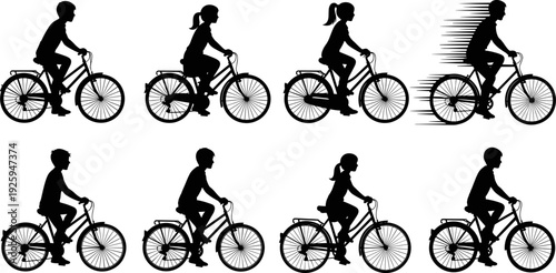 Kids cycling bicycle silhouette set vector illustration showing children riding bikes, motion speed effect, outdoor transport activity and healthy lifestyle isolated on white background