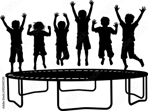 Kids jumping on trampoline silhouette vector illustration, joyful childhood play concept, group fun activity, outdoor recreation, happiness and energy theme, minimal black design