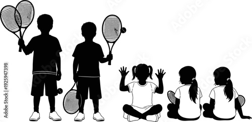 Kids playing tennis silhouette vector illustration, children holding rackets and sitting poses, black sport activity characters isolated on white background