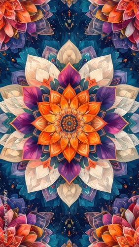 A vibrant floral mandala design with symmetrical patterns and bright colors