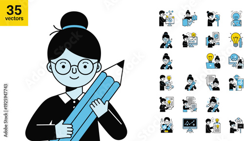 Creative design process and idea generation illustration set featuring professional female artist holding a large pencil, brainstorming sessions, and business innovation.