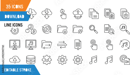 Digital download and file management line icon set featuring cloud storage, data transfer, music files, folder organization, and system synchronization symbols.