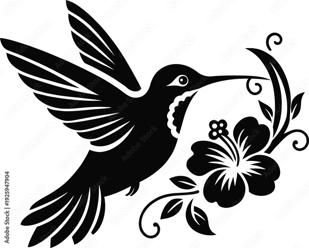 Obraz premium Black and white hummingbird with flower silhouette vector illustration isolated on transparent background.
