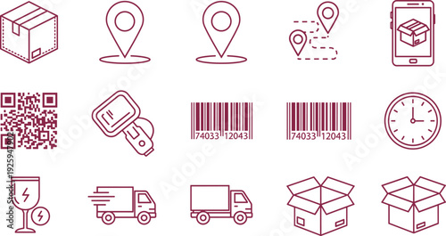 Logistic and delivery line icon set including package shipping truck barcode scanner qr code tracking location map pin and fragile parcel handling