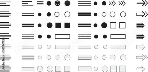 Modern web design element set featuring various paragraph alignment styles, bullet point lists, geometric shapes, and directional navigation arrows for interface development.