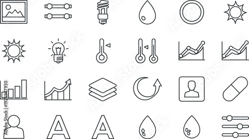 Photo editing and graphic design line icon set including image brightness contrast levels color temperature layers sharpness and typography adjustment tools
