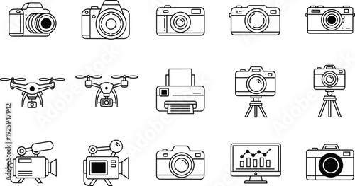 Set of Black Linear Icons Featuring Digital Photography Equipment Multimedia Devices Drone Technology Professional Video Cameras Printer and Data Analysis Screen Display