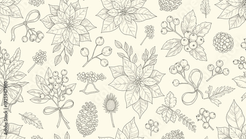 Christmas Winter Botanical Pattern with Hand Drawn Poinsettia Berries and Pine Cones