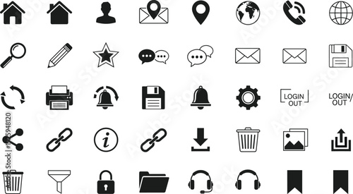 Universal web and mobile interface icon set including home, contact, search, location, communication, settings, security, and digital file management symbols.