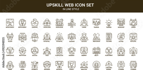 Upskill Web Icon Set Featuring Professional Career Development Training Mentorship Knowledge Growth Success Goals Analytics Leadership Planning And Employee Achievement Symbols In Line Style