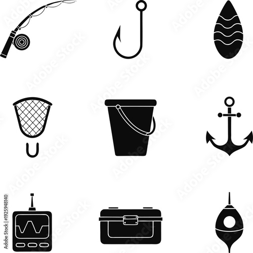Black and white fishing equipment including a fishing rod, hook, lure, net, bucket, anchor, fish finder