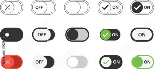 User interface toggle switch button icon set with on and off states featuring green check marks red cross symbols and slider controls