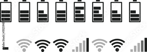 Vector illustration set of battery charge level icons, wireless internet wifi connection symbols, and mobile cellular network signal strength bars isolated