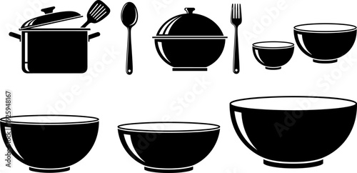 Kitchen cookware and tableware silhouettes set vector illustration, cooking pot bowls spoon fork utensils, minimalist black icons, isolated on white background