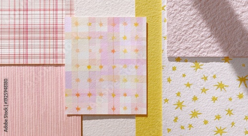 Pastel pink and yellow patterned paper swatches with star motifs and shadow overlay