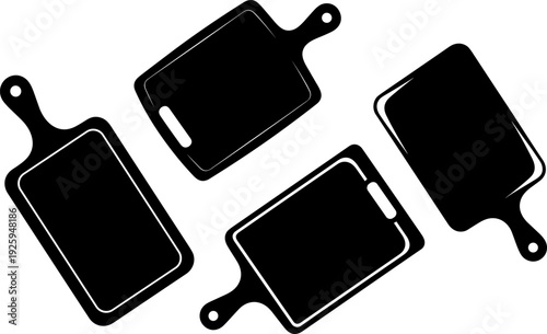 Kitchen cutting boards silhouette vector illustration set, wooden chopping boards collection, cooking and food preparation tools, minimalist black icons, isolated white background