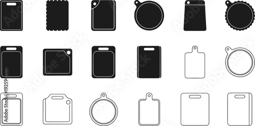 Kitchen cutting board silhouette icon set, various shapes and styles for food preparation, modern minimal vector illustration isolated on white background