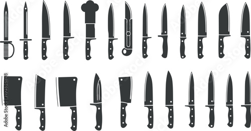 Kitchen knife silhouettes collection, chef and butcher blades set, black vector illustration of culinary tools isolated on white background for design use